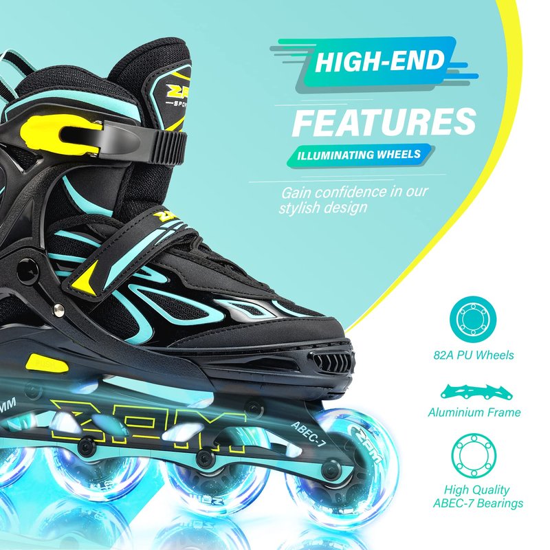 2PM SPORTS Vinal Girls Adjustable Flashing Inline Skates, All Wheels Light Up, Fun Illuminating Skates for Kids and Men - Cyan Small (11C-13C US)