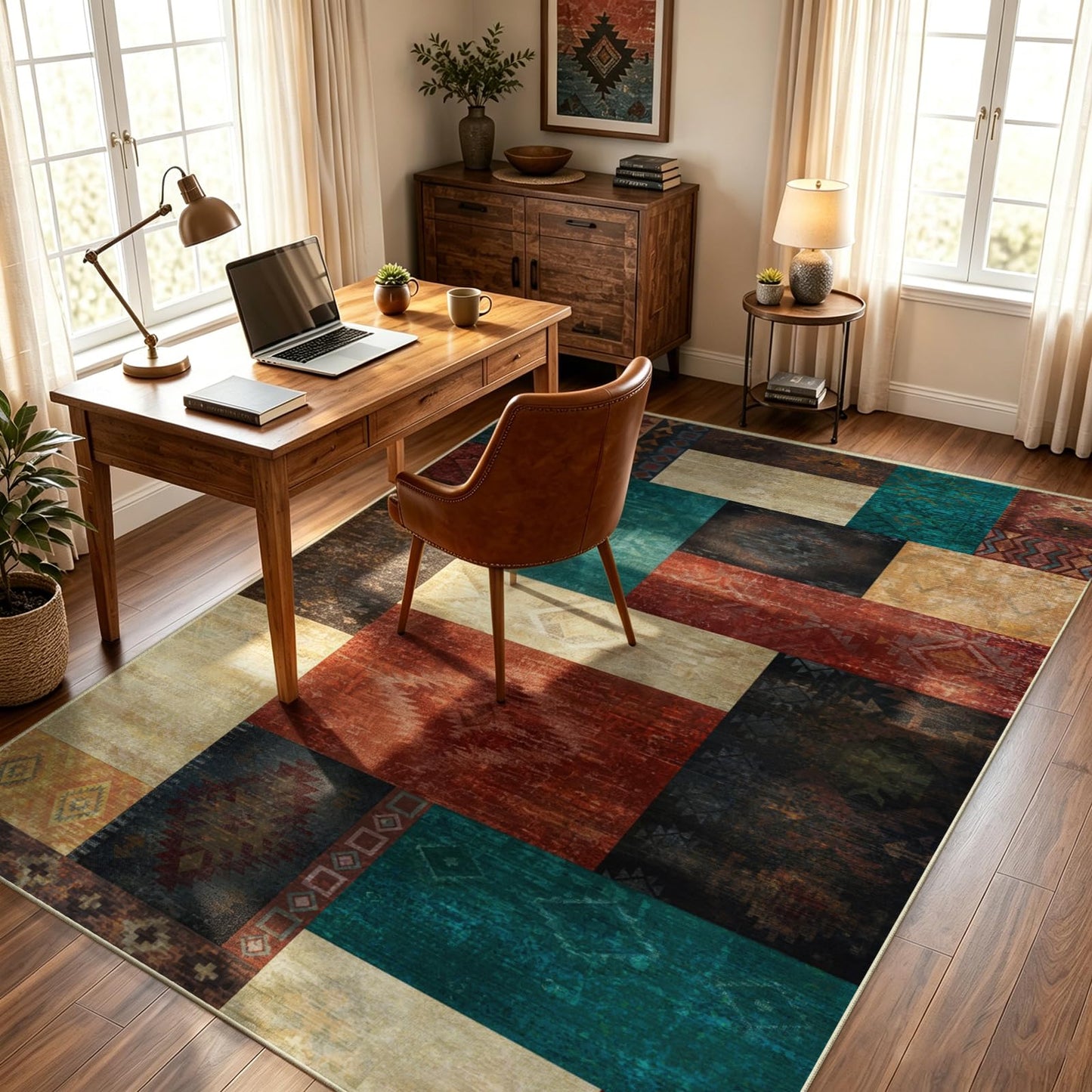 Yinhua Living Room Rug 5x7 Geometric Area Rugs for Bedroom, Washable Patchwork Rugs with Non Slip Backing, Low Pile Soft Faux Wool Rug Carpet for Dining Room Nursery Office Playroom, Colorful