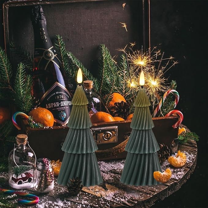 Christmas Tree Spiral Skirt-Shaped Flameless Candles with 6H Timer, 2 Pcs Battery Operated LED Pillar Candle with Flickering 3D Wick, Green Candles for Home Décor