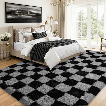 Rezutan Ultra Soft Rugs for Bedroom 8x10 Feet, Checkered Black Grey Fluffy Shag Area Rugs for Living Room, Large Comfy Furry Rug for Girls Kids Baby Room Decor Teenage Pastel Princess Rug, Non Slip