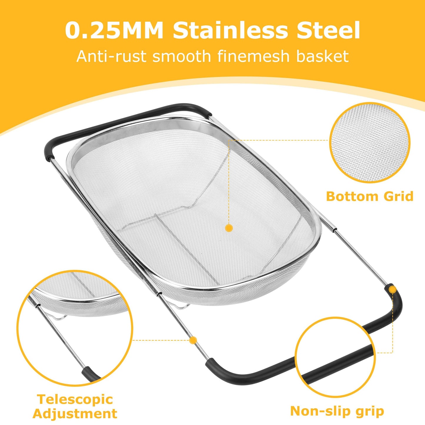 ZDRongZhen Kitchen Accessories Over the Sink Colander Strainer Basket，Stainless Steel Colander with Expandable Rubber Grip Sink Drainer-Rinse Vegetables Fruits &Strain&Drain (Large-Dense round hole)