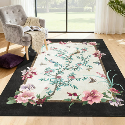 GarveeHome 5x7 Area Rugs Chinoiserie-Style Washable Rugs 5x7 Oriental Colorful Butterfly Birds Floral Rug Non Slip Low Pile for Kids Living Room Bedroom Nursery Dining, Black