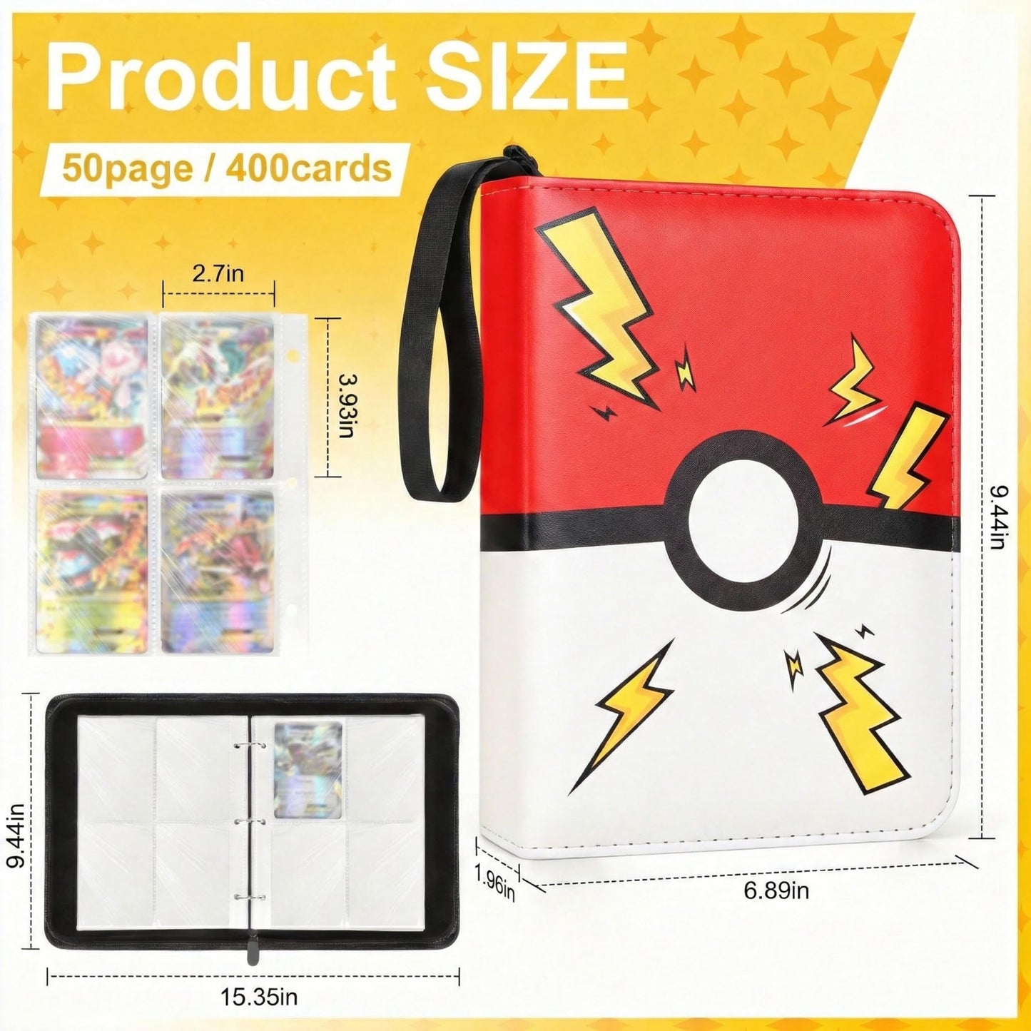 Portable 4-Pocket Trading Card Binder, 400 Pockets with 50 Removable Sleeves, Portable Collector Album with Zipper for TCG, Sport & Game Cards Prime