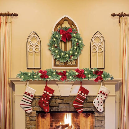 30 Inch Christmas Wreaths for Front Door with Lights,Lighted Cedar Door Wreath,Prelit Real Touch Artificial Green Winter Wreath with Large Burgundy Velvet Bow for Indoor Outdoor Decor