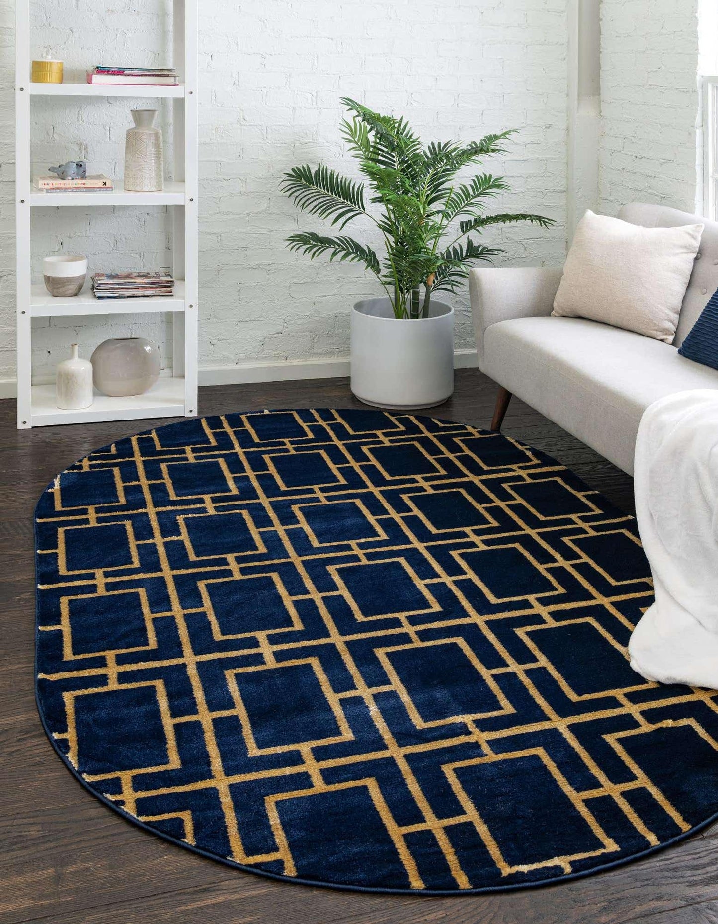 Unique Loom Glam Collection Area Rug - Deco (4' 1' x 6' 1' Oval, Navy Blue Gold/ Gold)