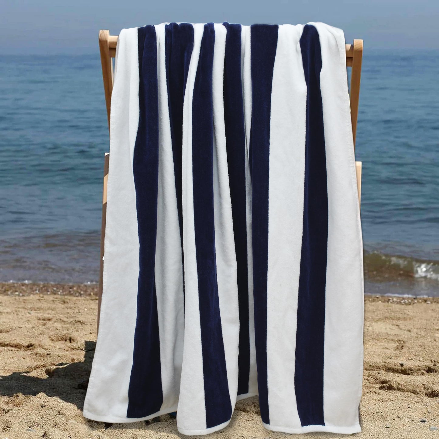 COTTON CRAFT Oversized Beach Towels - Set of 2 - XXL 35x84 The Big Kahuna 7 Foot Extra Large Beach Blanket Towel - Big & Tall - Huge 100% Cotton Velour Soft Luxury Pool Bath Towel - Cabana Stripe Navy