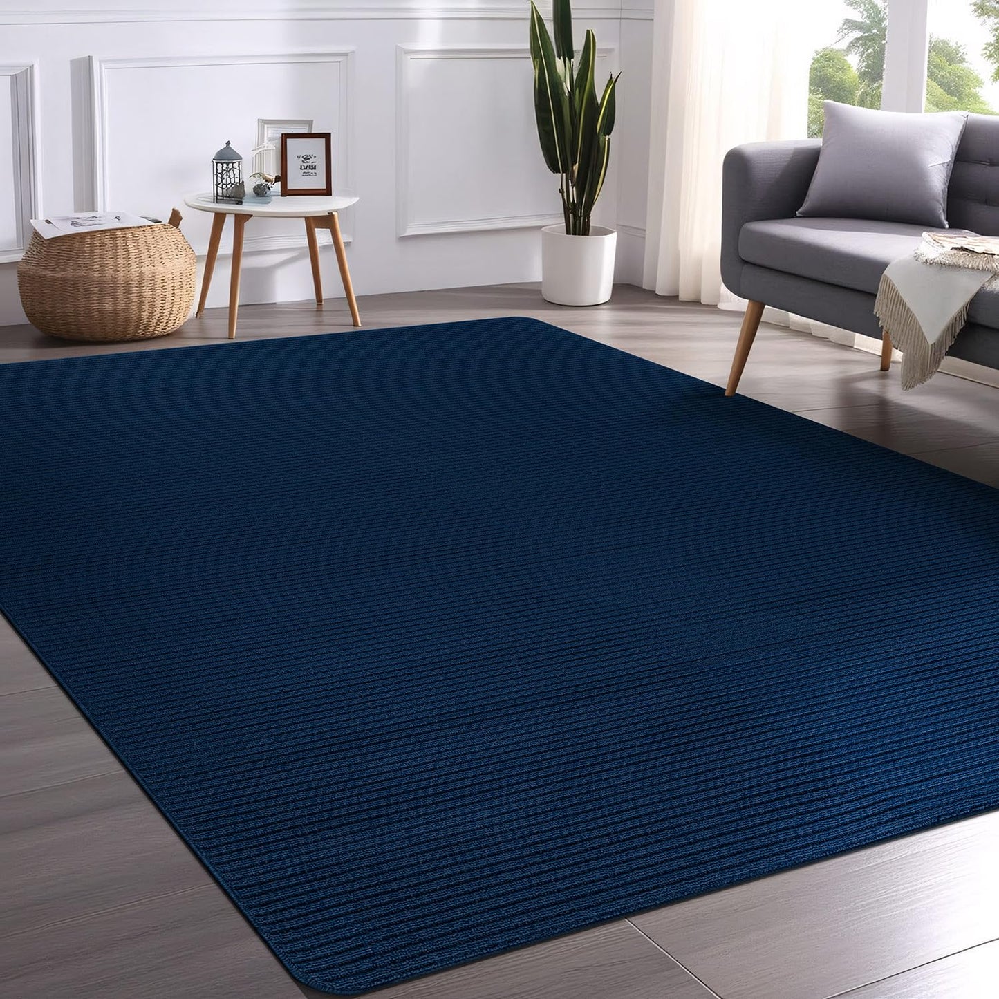 Beverly Rug Non-Slip Modern Rug 5x7 Solid Traditional Rubber Backing Machine Washable Soft Thin Indoor Area Rugs for Living Room Stain Resistant Non Shedding Casual Carpet (5 x 7 Navy Blue)