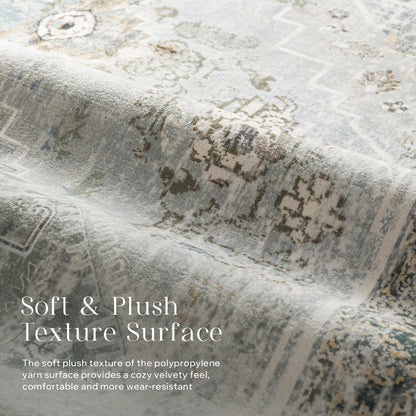 Phantoscope Washable Area Rug 6'x9' Non-Slip, Vintage Neutral Rugs for Living Room, Bedroom, Dining Room, Distressed Boho Medallion Pattern, Low-Pile Foldable Floor Carpet, Silver Grey/Taupe
