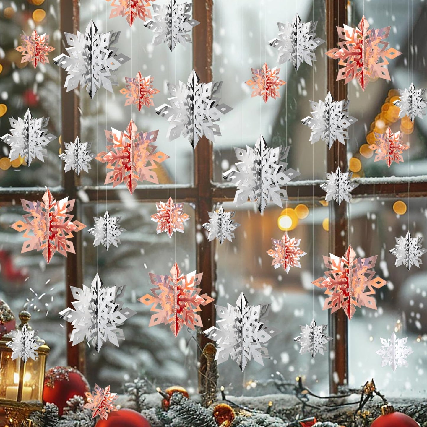 OuMuaMua Winter Christmas Snowflake Decorations Indoor, 24PCS 3D Silver Rose Gold Snowflakes Christmas Hanging Ornaments for Home Xmas Christmas Holiday Winter Wonderland New Year Party Decor Supplies