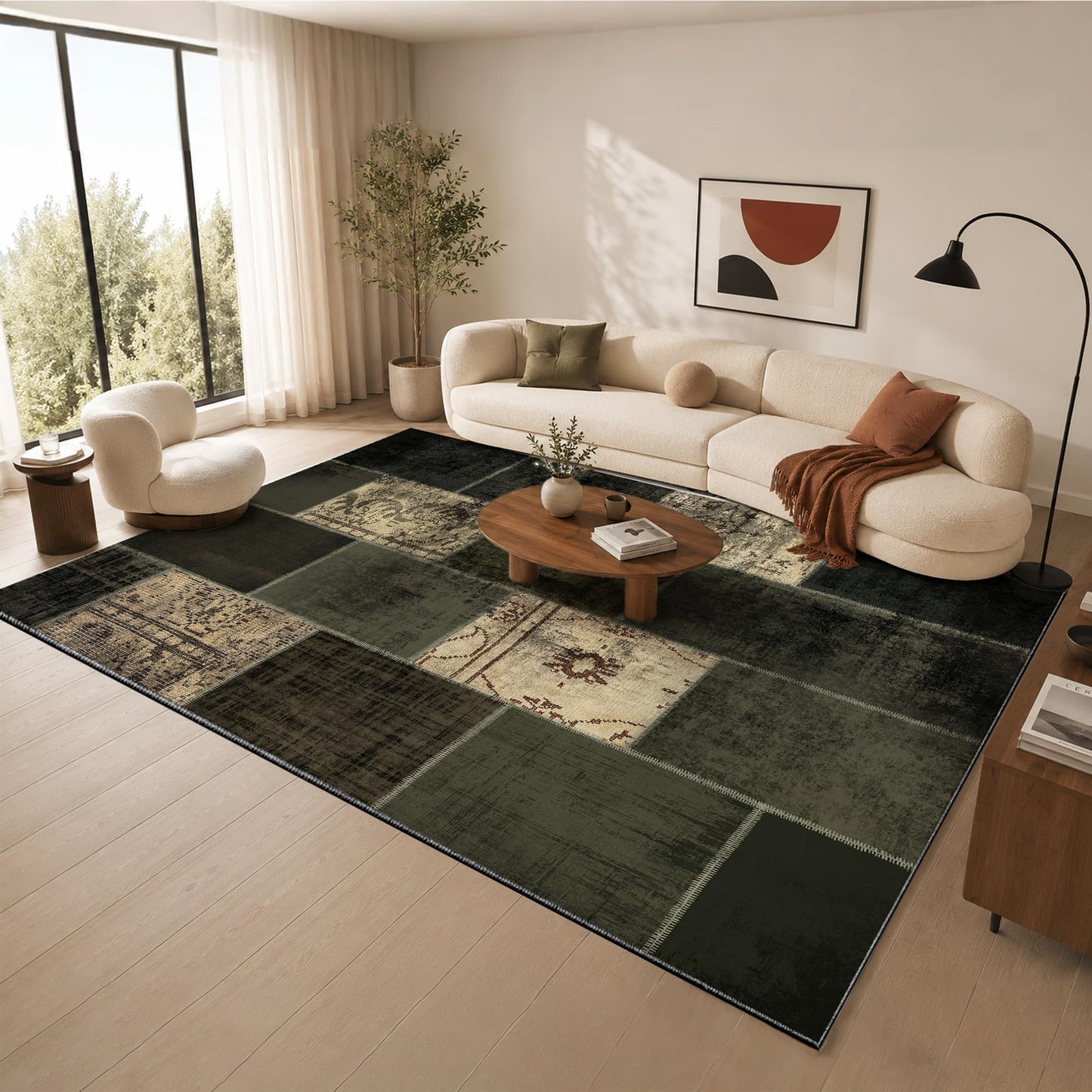 Nayoroom Modern Abstract Sega Green Distressed 8x10 Area Rug, Soft Faux Wool Washable Non-Slip Stain Resistant Rug, Geometric Patchwork Modern Design Rug for Living Room Bedroom.