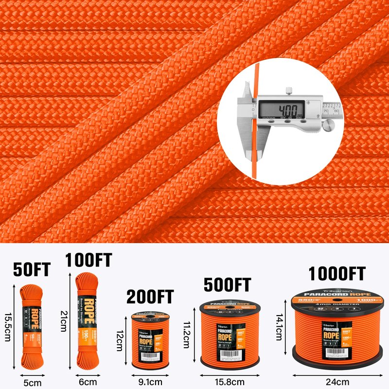 Paracord Rope 550 lb - 200ft 5/32" Parachute Cord 4MM 7-Strand para Cord - Heavy Duty Spool String for Survival,Camping Gear, Survival Bracelet, Clothesline - Orange