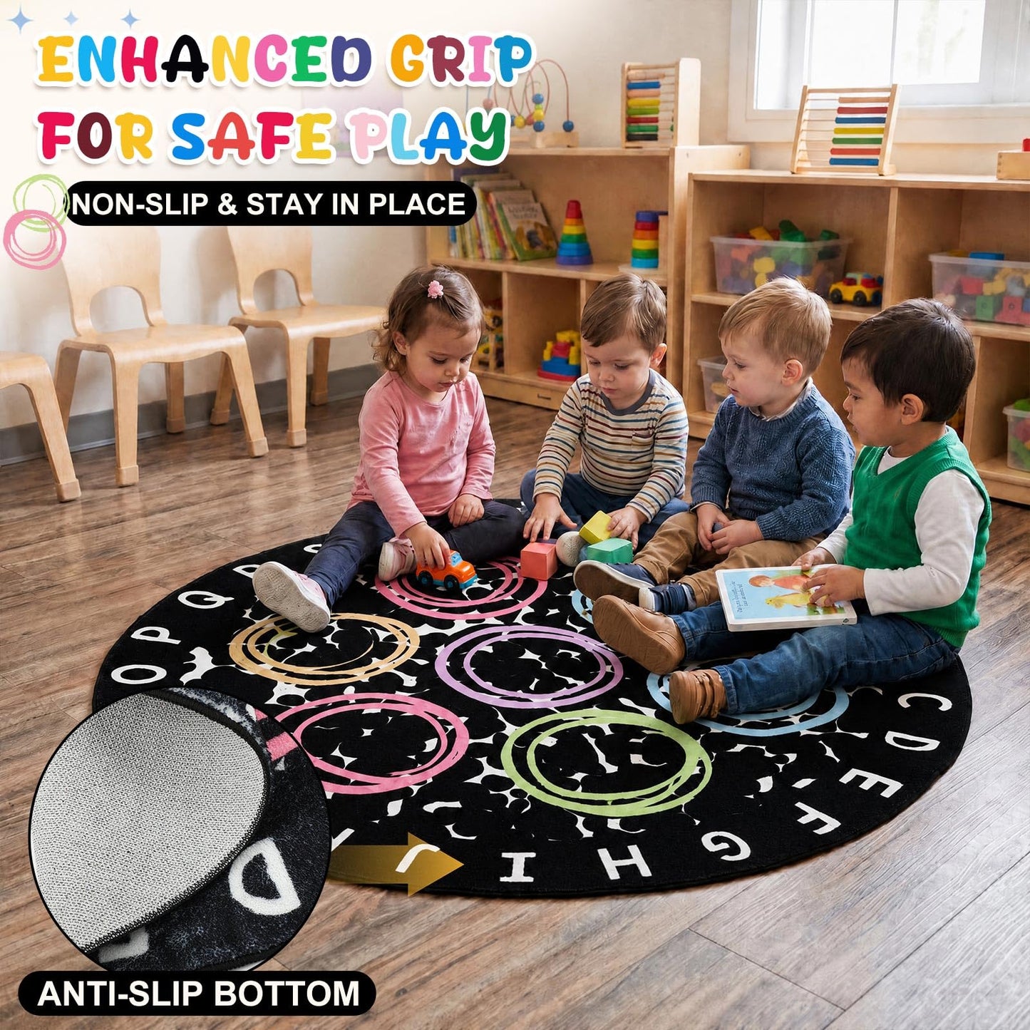 Coume Classroom Rug Elementary 5.9 ft Round ABC Alphabet & Animal Words Educational Carpet Large Learning Play Mat with Non-Slip Backing for Kids Toddlers Preschool Kindergarten (Abc's Circle)