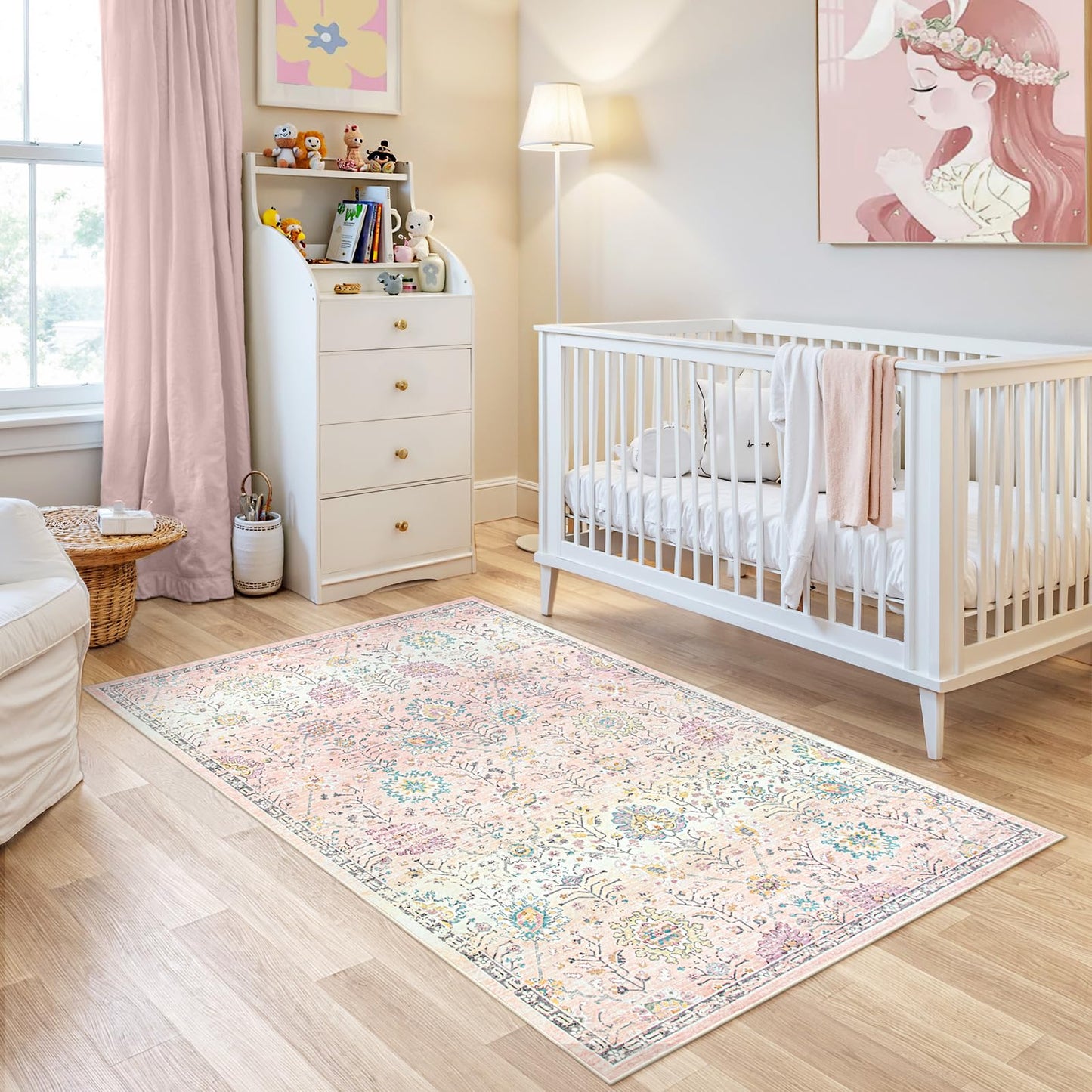 Lahome Flavie Light Pink Boho Rug, 3x5 Machine Washable Area Rugs for Dorm Girls, Soft Floral Small Nursery Pastel Mat, Pink Carpet for Bedroom Kids Room