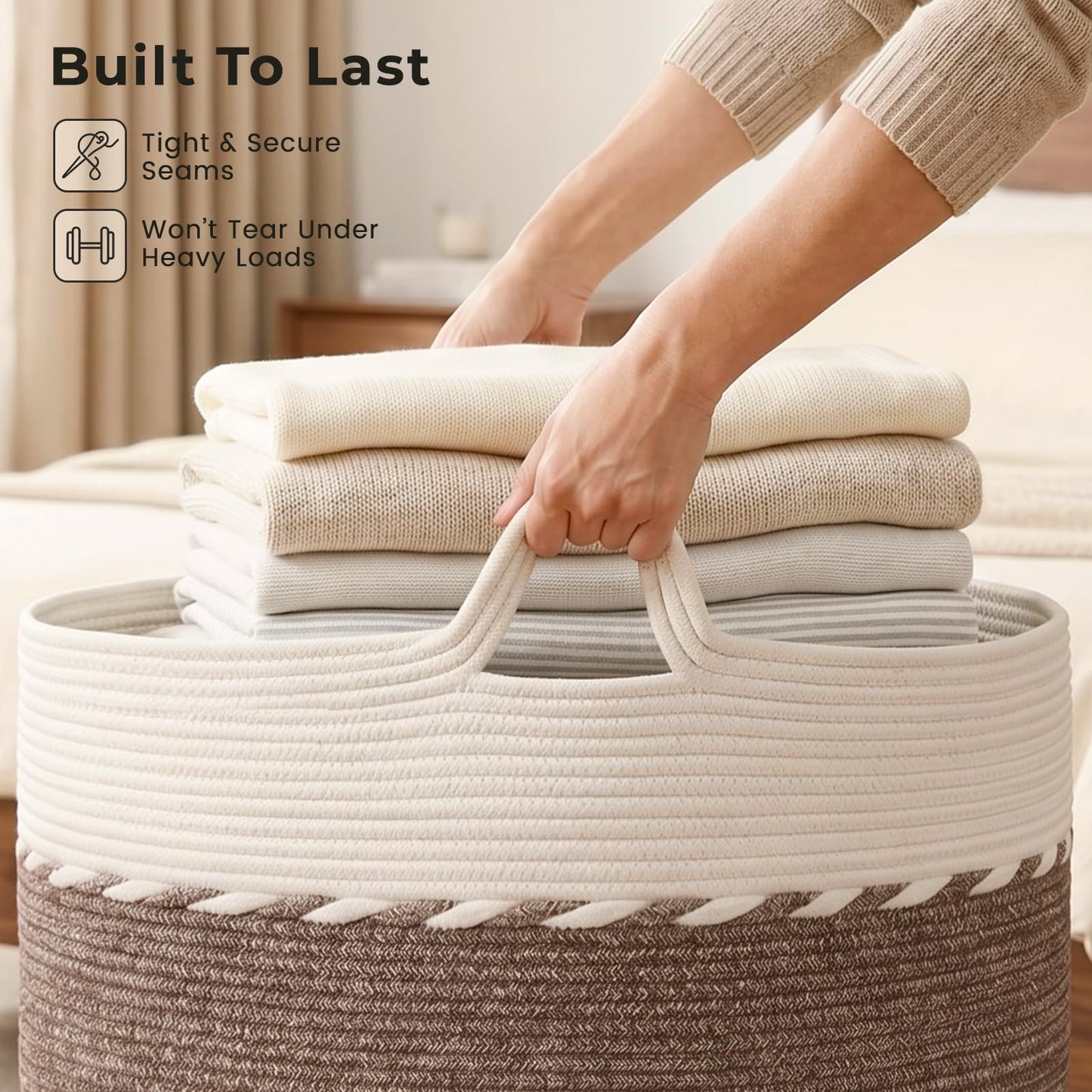OIAHOMY 90L Extra Large Blanket Basket - Decorative Cotton Rope Storage Basket for Bedroom, Living Room & Nursery - Woven Laundry Hamper for Organizing Blankets, Clothes & Toys - Brown & White
