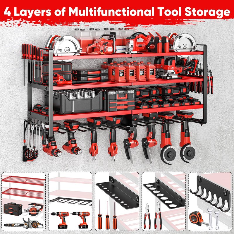 POKIPO Upgrade Large power tool organizer Wall Mount,4 Layers Heavy Duty Metal Loads 400lbs Power Tool Hanger Shelf Battery Storage with 8 Cordless Drill Bit Holder,Utility Racks for Garage Tool Room