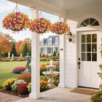 Artificial Fall Flowers with Hanging Baskets Outdoors for Decoration Faux mums for Outdoor planters Fake Mums Artificial Hanging Plants UV Resistant for Autumn Porch Home Patio Decor (Honey Gold)