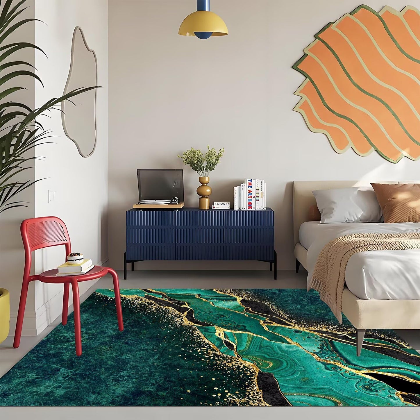 Qmkmyy Luxury Emerald Green Black Gold Marble Abstract Bedroom Rugs 5'x8' for Living Room Modern Aesthetic Glitter Area Rug Soft Cozy Carpet Floor Mats