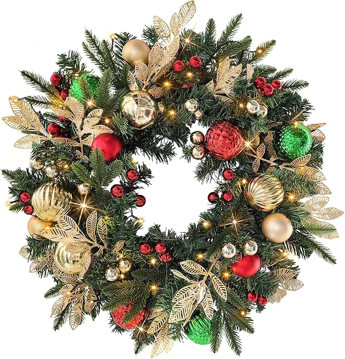 Christmas Lighted Wreath for Front Door, 28 Inches Pre-Lit 35 LED Lights, Red and Green Classic Artificial Holiday Wreath for Indoor Outdoor Home Decorations