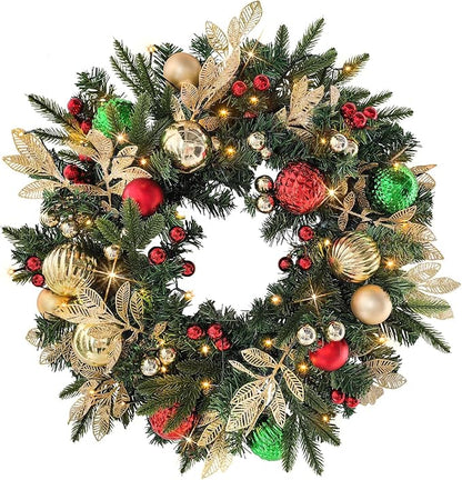 Christmas Lighted Wreath for Front Door, 28 Inches Pre-Lit 35 LED Lights, Red and Green Classic Artificial Holiday Wreath for Indoor Outdoor Home Decorations