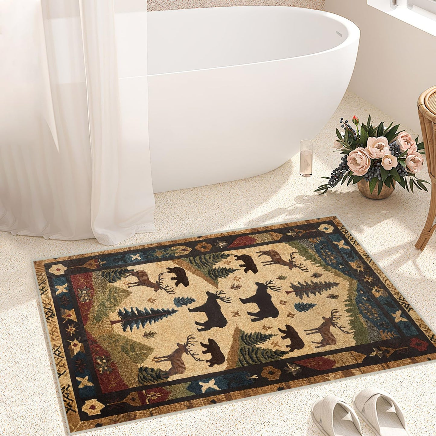 Farmhouse Cabin Area Rug Rustic Deer Bear Washable 2x3 Rugs for Living Room Bedroom Western Country Non-Slip Soft Floor Large Carpet for Office Entryway Bathroom