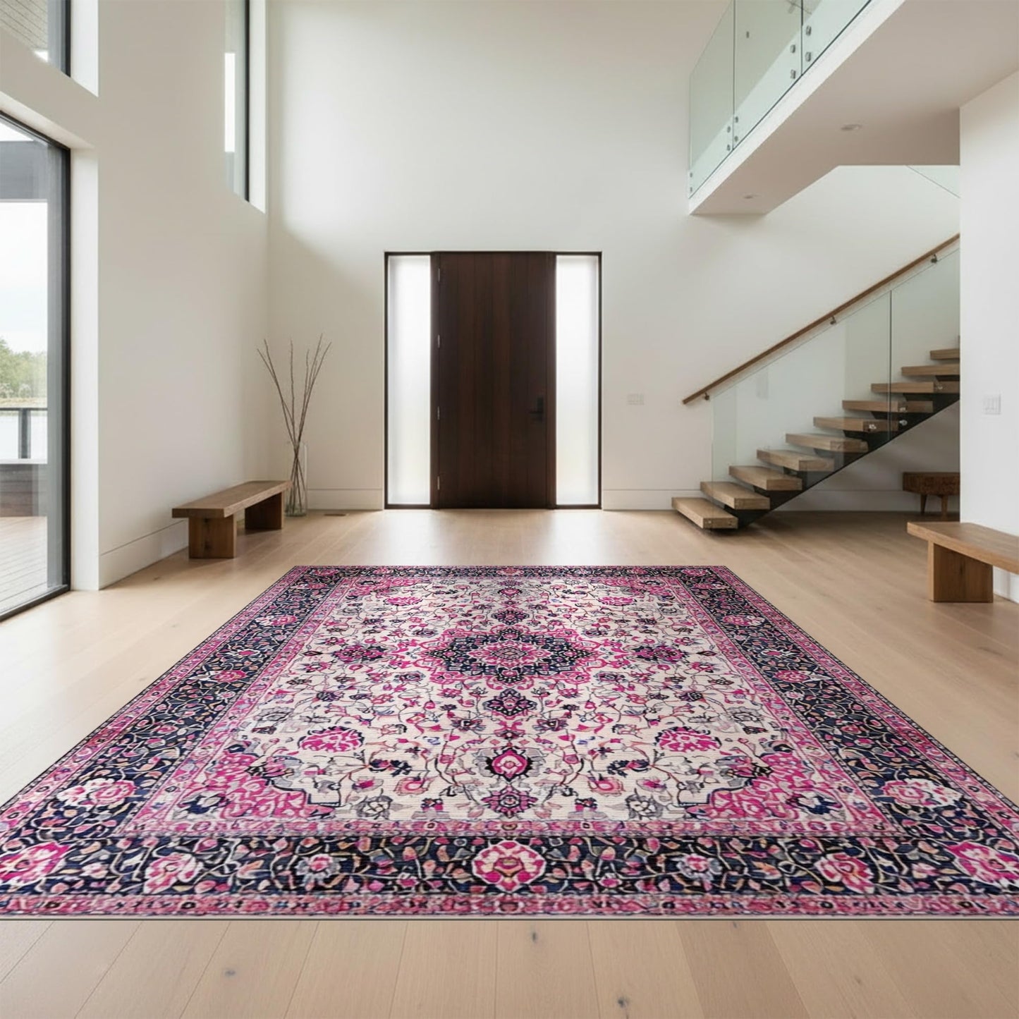 Design&I 4'x6' Black and Pink Faded Scroll Centerpiece Washable Area Rug