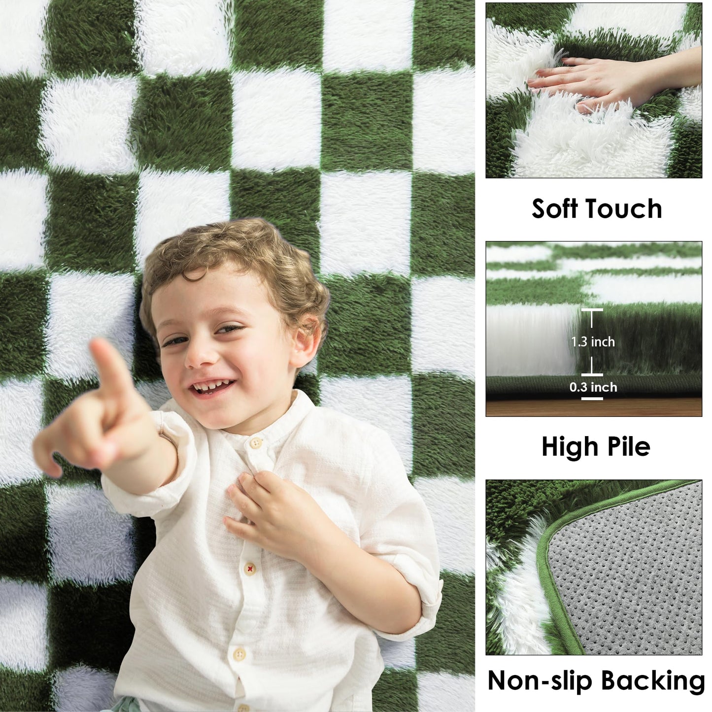 KICMOR Area Rugs for Bedroom Living Room, 4x6 Soft Fluffy Olive Green and White Checkered Shag Rug Fuzzy Shaggy Plush Bedside Carpet, Non-Slip Indoor Floor Rug for Boys Girls Room Nursery Home Decor