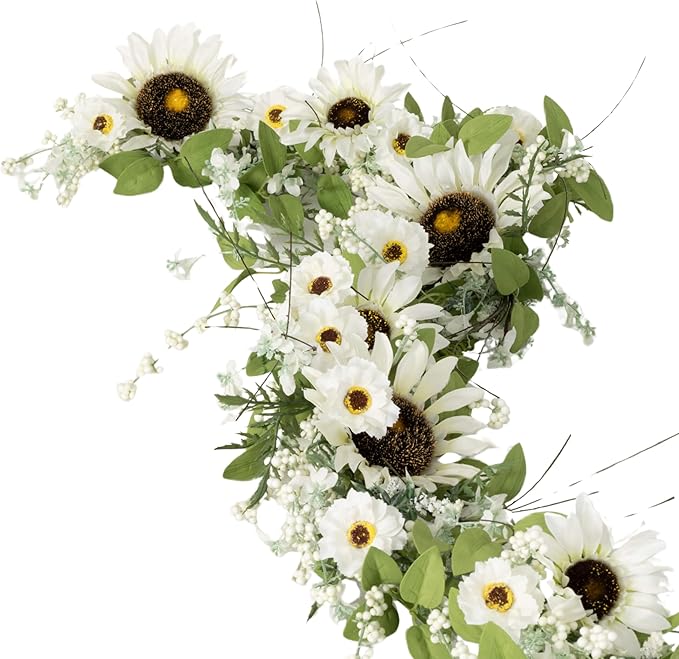 Sullivans Greenery Garland, Sunflower & Wispy Berry Spring Garland for Indoor, 66" White Flower Faux Life-Like Flower Garlands for Mantle Decor, Living Room, Home, & Office Fireplace Decorations