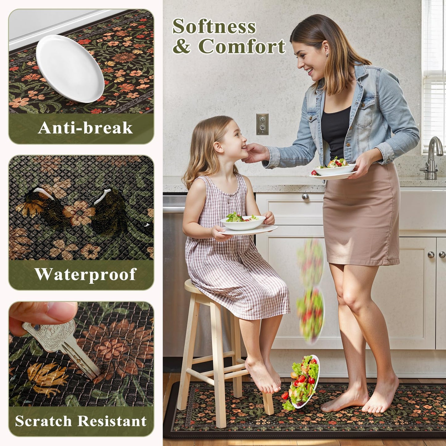 Collive Anti Fatigue Mat for Kitchen Floor, Waterproof Cushioned Sink Mats Non Slip Floral Kitchen Rugs Set of 2, Black Comfort Modern Standing Rug for Office, Laundry, Desk, 17"x30"+17"x47"