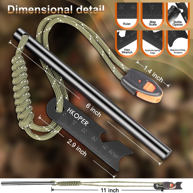 Hkoper Ferro Rod Fire Starter with Striker, Flint and Steel Fire Starter, 6" x 3/8" Survival Tool, 15,000+ Strikes, Large Sparks in Any Weather, Camping Hiking Bushcraft Gear