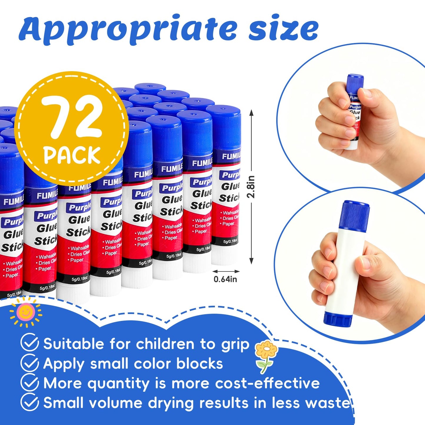 72 Pack Glue Sticks Bulk for Kids, Disappearing Purple Glue Sticks for Classroom and Teacher Supplies.0.18 OZ kids glue Dries Clear, Non-Toxic, Washable, Back to School Supplies and Student Must Haves