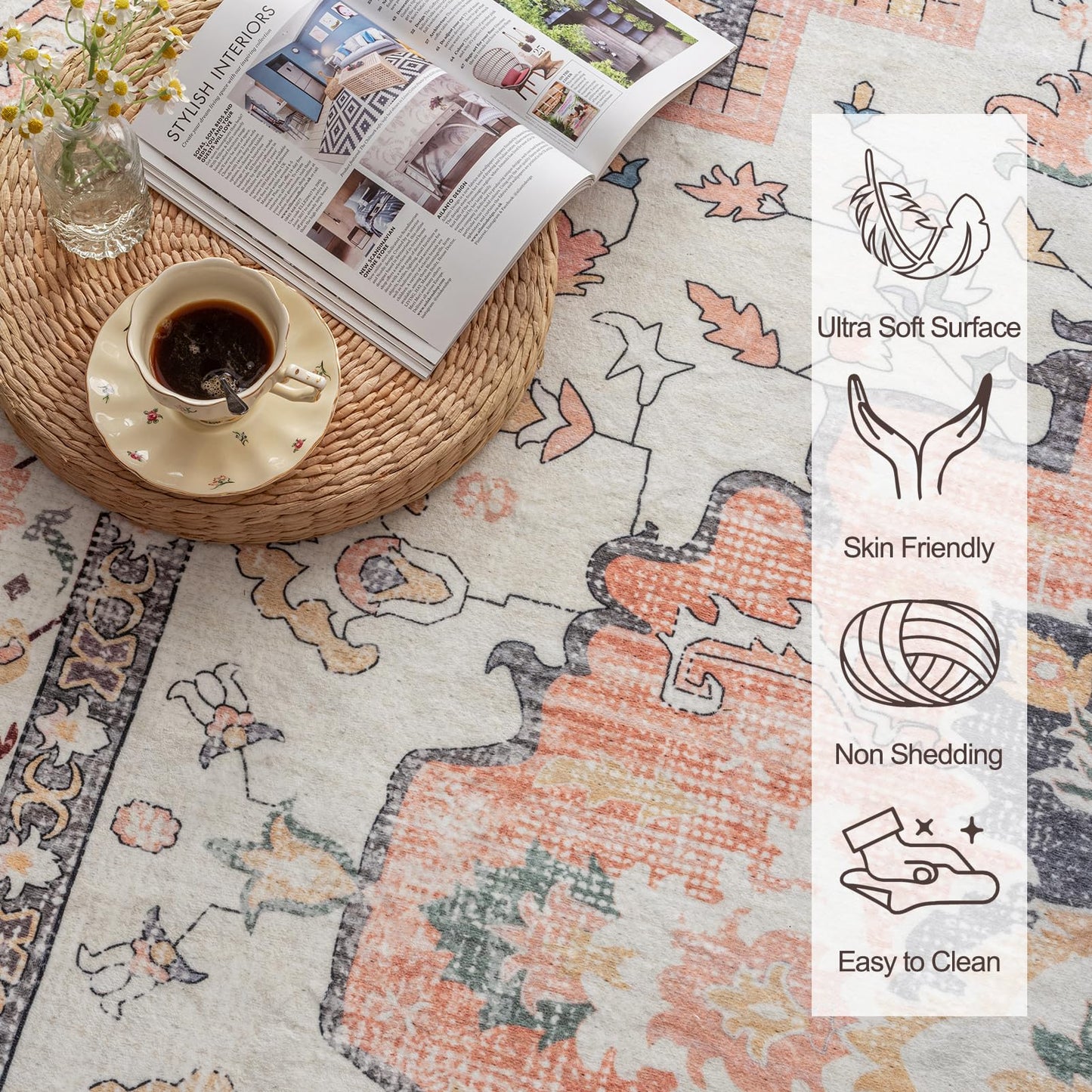 VK VK·LIVING Machine Washable Rug 5'x7' Vintage Design Washable Area Rugs with Non Slip Rugs for Living Room Bedroom Traditional Woven Carpet Stain Resistant, Dining Office Boho Rug (Mistyrose)