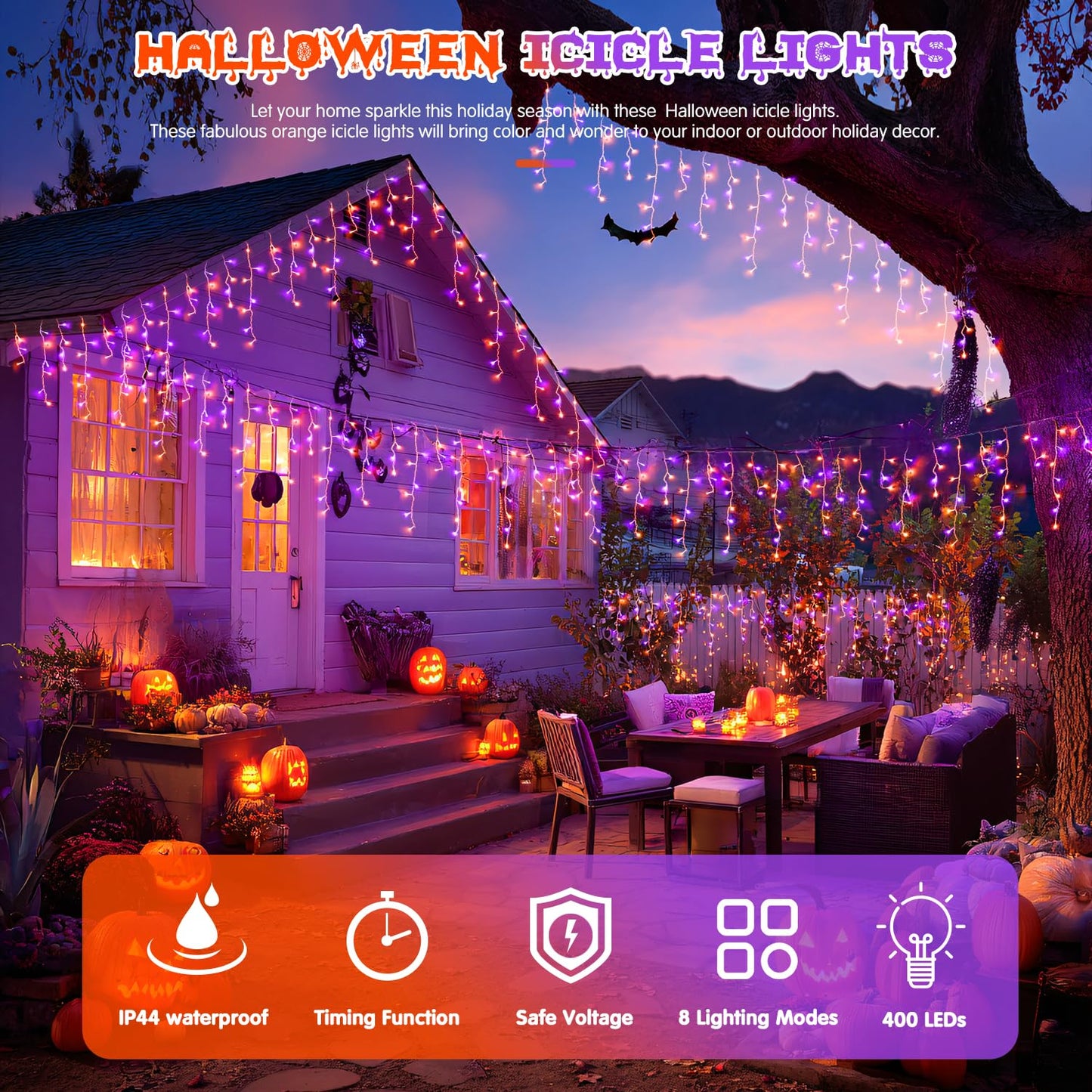 JMEXSUSS 400 LED Orange and Purple Christmas Lights Outdoor, 38.8 FT Orange and Purple Icicle Light Outdoor Waterproof, 8 Modes Halloween Lights Plug in for House Christmas Party Decorations