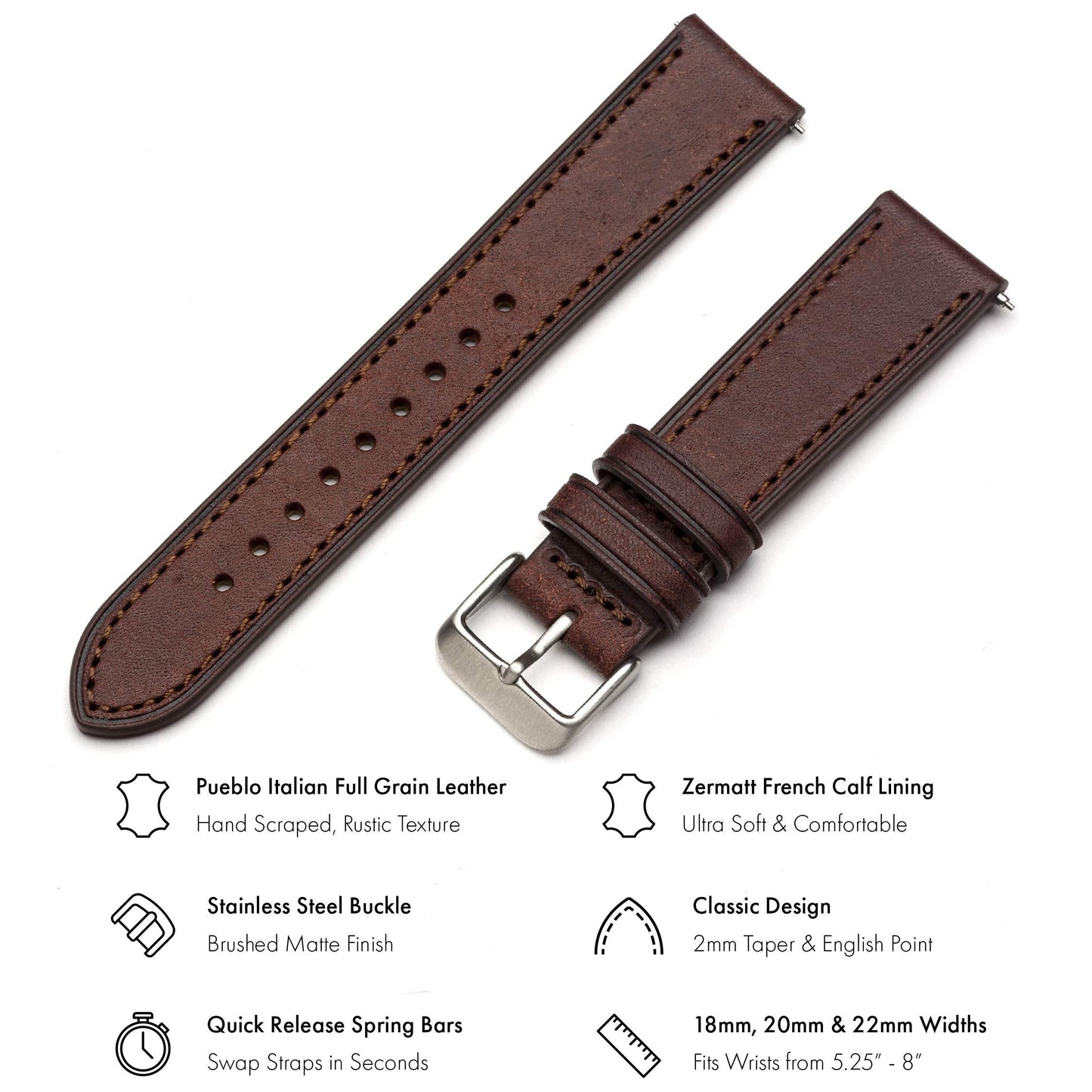 Benchmark Quick Release Leather Watch Band - Premium Italian Full Grain Leather Watch Straps for Men & Women (Dark Brown, 22mm)