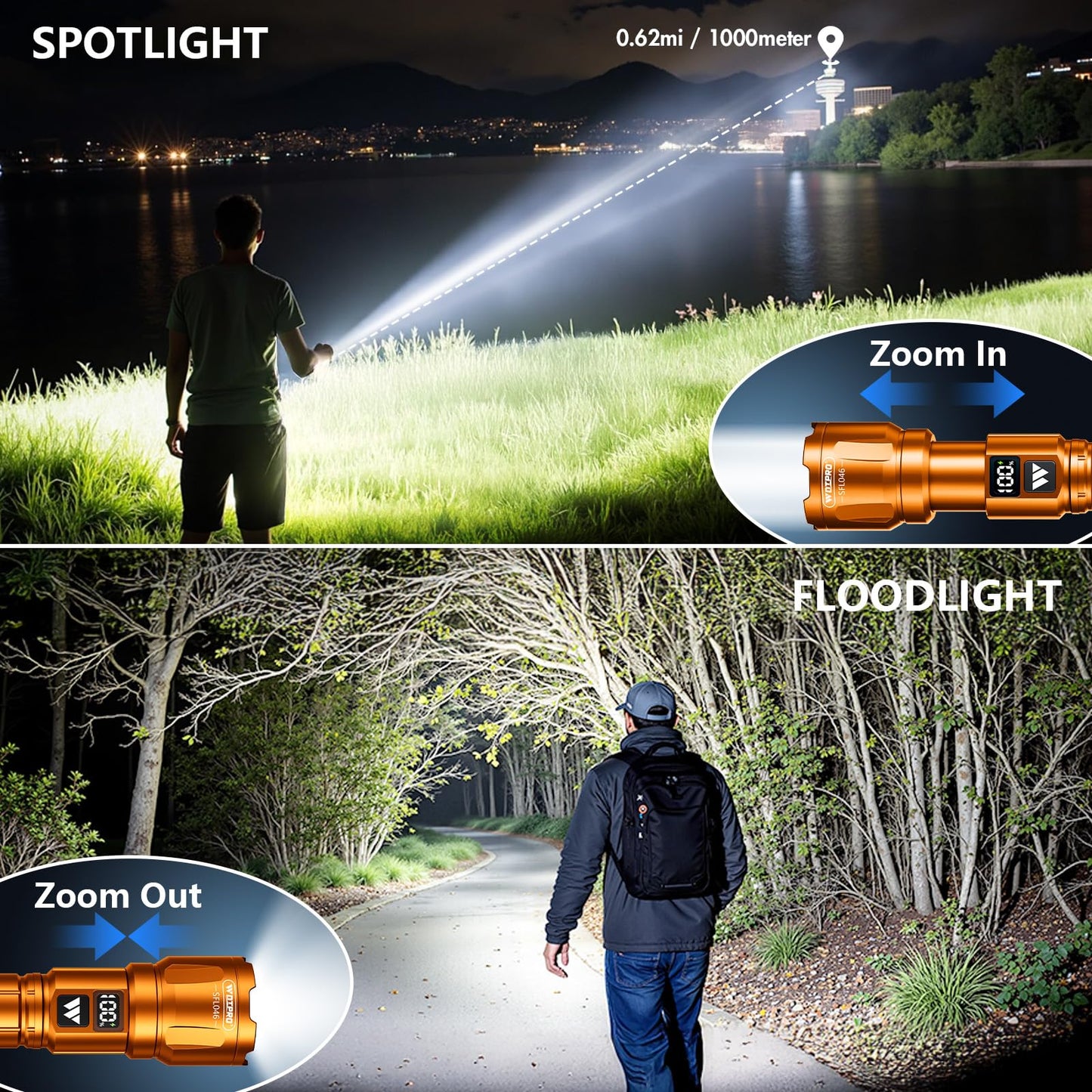 Wdtpro LED Rechargeable Flashlight 2 Pack, 3 Modes Super Bright High Lumens Flashlights, Zoomable Tactical Flash Light with LCD Display, IP65 Waterproof Flashlights for Home Emergency Camping - Orange