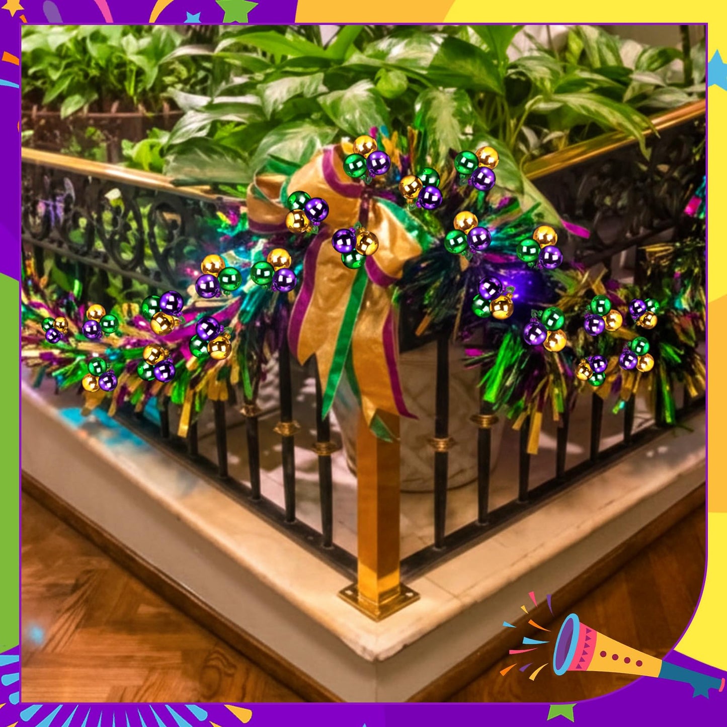 Syhood 12 Set 7.9 Inch Mardi Gras Ball Picks Shatterproof Purple Green and Gold Ball Ornaments on Wired Picks Glitter Carnival Glitter Stems for Mardi Gras Tree Vase DIY Decoration Supplies