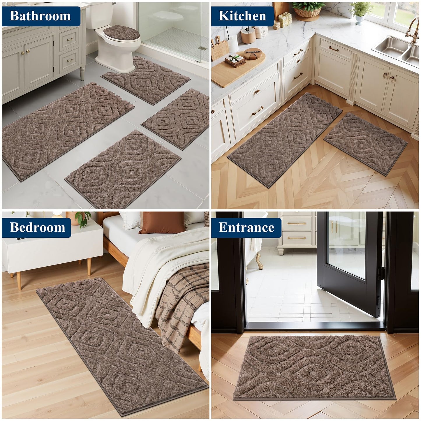 Ileading Bathroom Rugs Sets 5 Piece, Ultra Soft Absorbent Bath Mat for Bathroom, Non Slip Washable Bath Rug Set with Toilet Cover, Plush Bath Runner and U-Shaped Contour Toilet Rug, Coffee