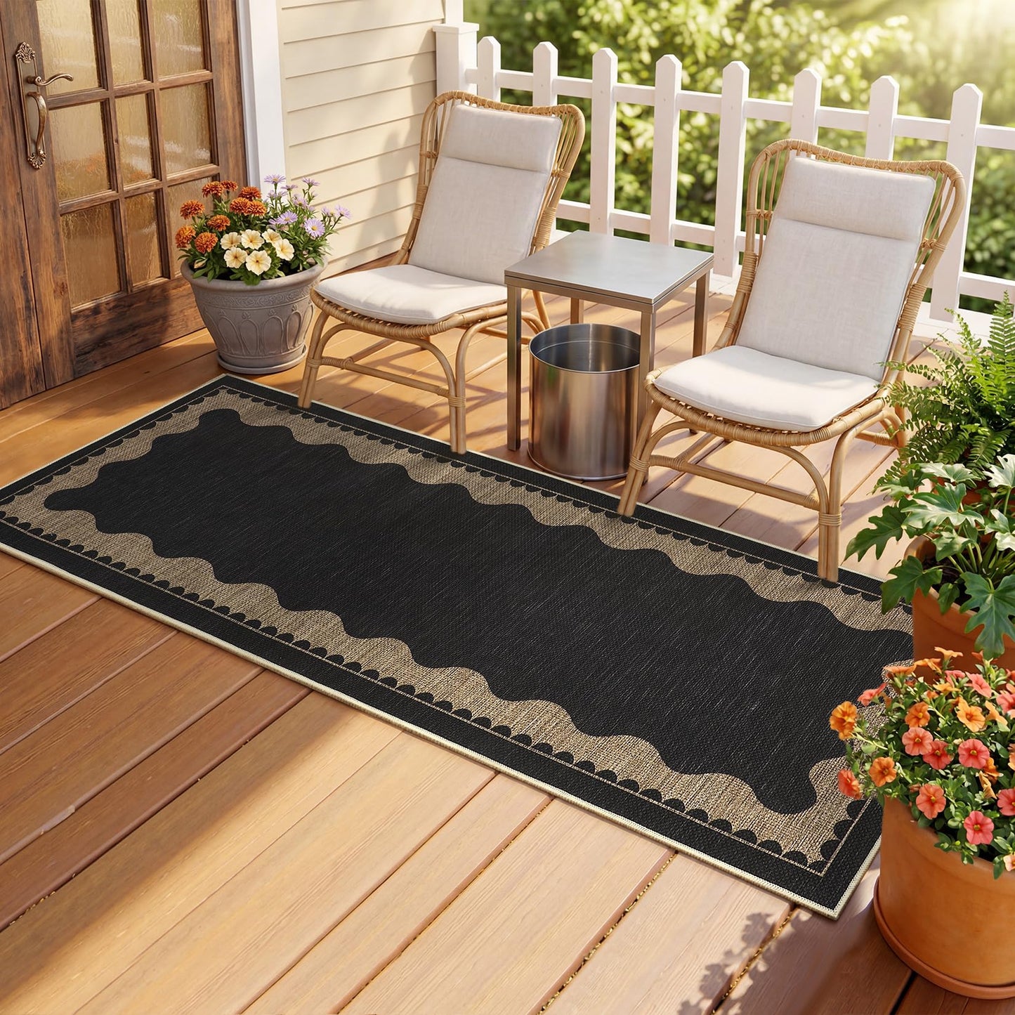 Garvee 2x6 Easy Jute Front Porch Rug, Neutral Scalloped Runner Rug with Non Slip Backing, Bordered Washable Rugs for Entryway, Stain Resistant Non Shedding Mats for Bedroom, Kitchen, Patio, Black