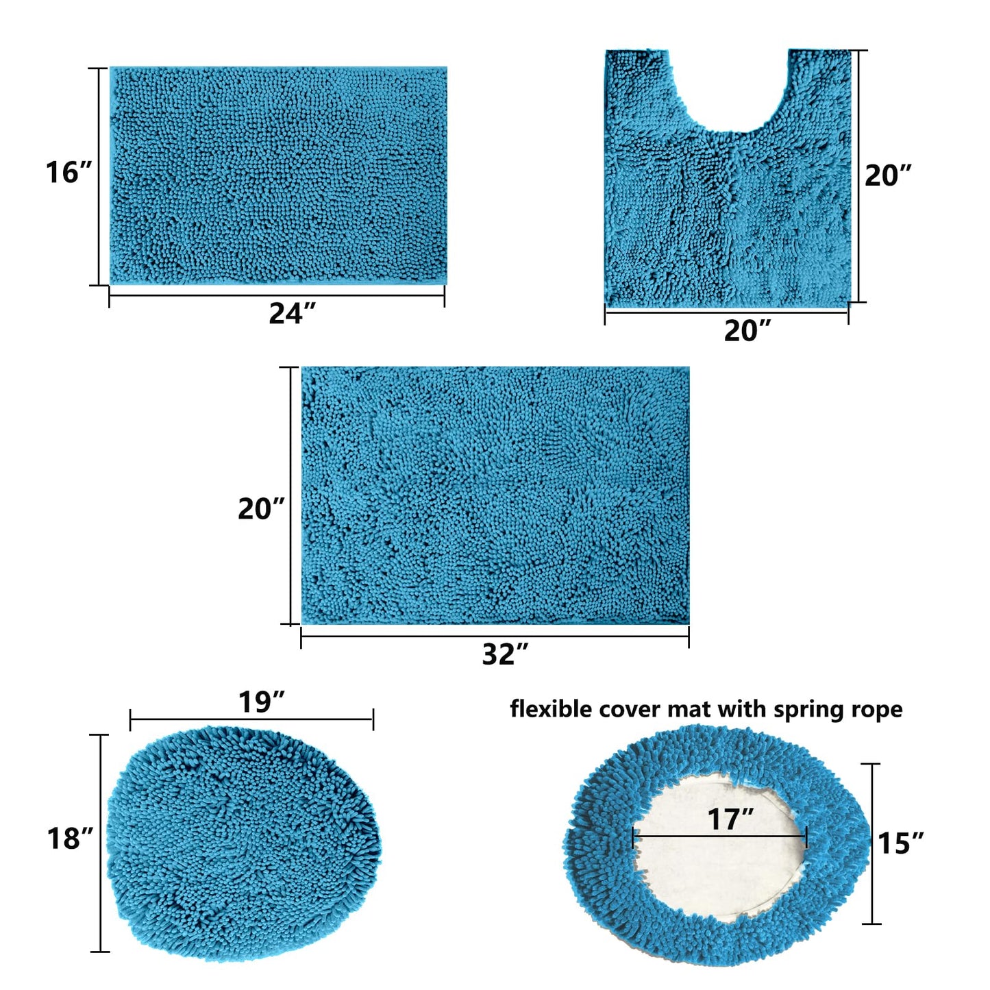 DTXDTech Bathroom Rugs Sets 4 Piece Chenille Bath Mat Sets with Toilet Lid Cover,Water Absorption Bathroom Rug Set with PVC Non-Slip Backing,Machine Washable Bath Rug for Toilet,Bedroom,Lake Blue
