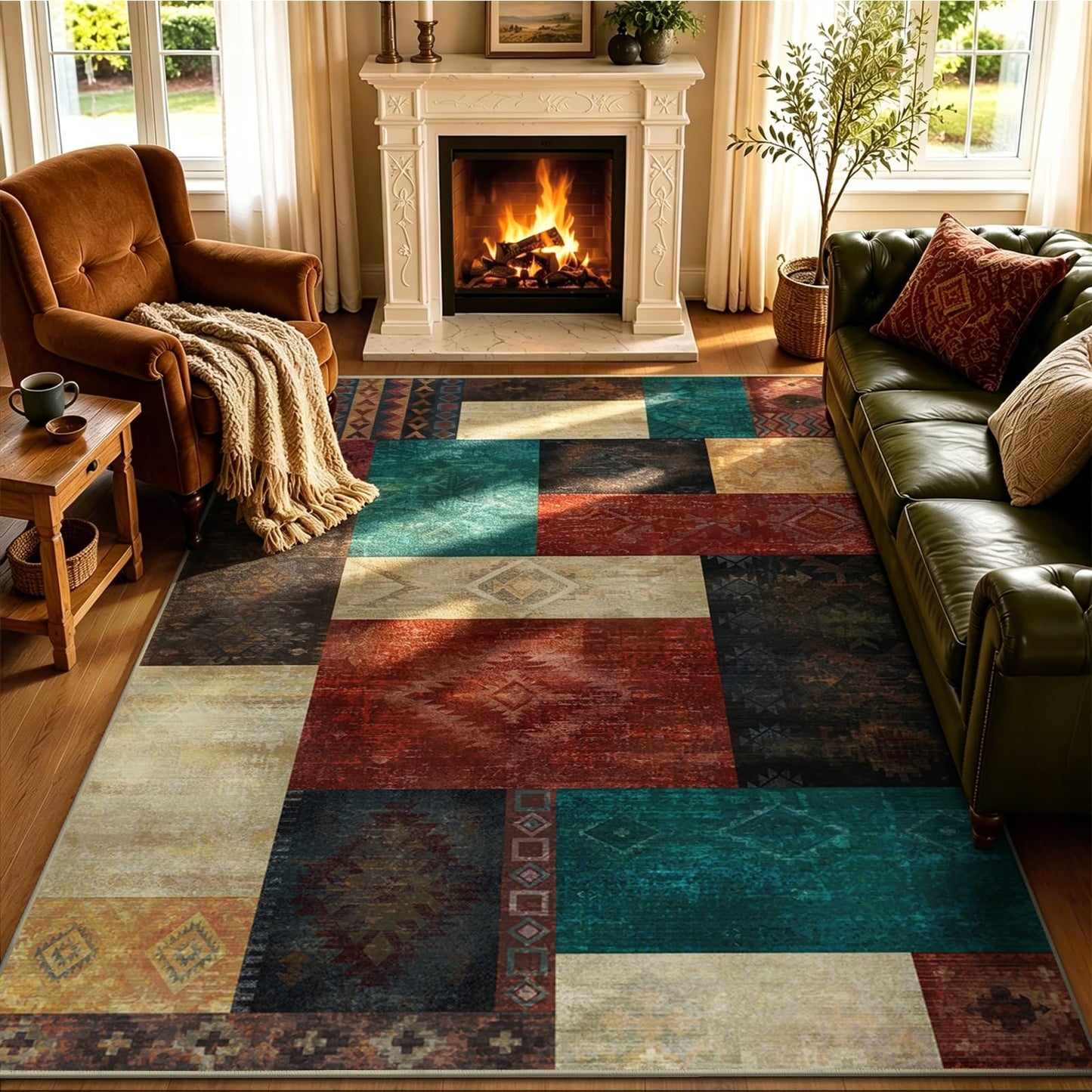 Yinhua Living Room Rug 5x7 Geometric Area Rugs for Bedroom, Washable Patchwork Rugs with Non Slip Backing, Low Pile Soft Faux Wool Rug Carpet for Dining Room Nursery Office Playroom, Colorful