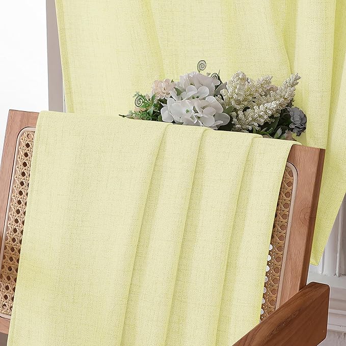 Tollpiz Short Linen Curtain Bedroom Rod Pocket Semi Sheer Curtains Burlap Light Filtering Thick Linen Drape for Living Room, 38 x 54 inches Long, Cream Yellow, Set of 2 Panels