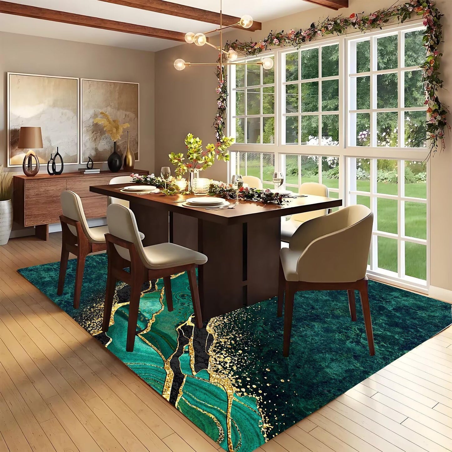 Qmkmyy Luxury Emerald Green Black Gold Marble Abstract Bedroom Rugs 5'x8' for Living Room Modern Aesthetic Glitter Area Rug Soft Cozy Carpet Floor Mats