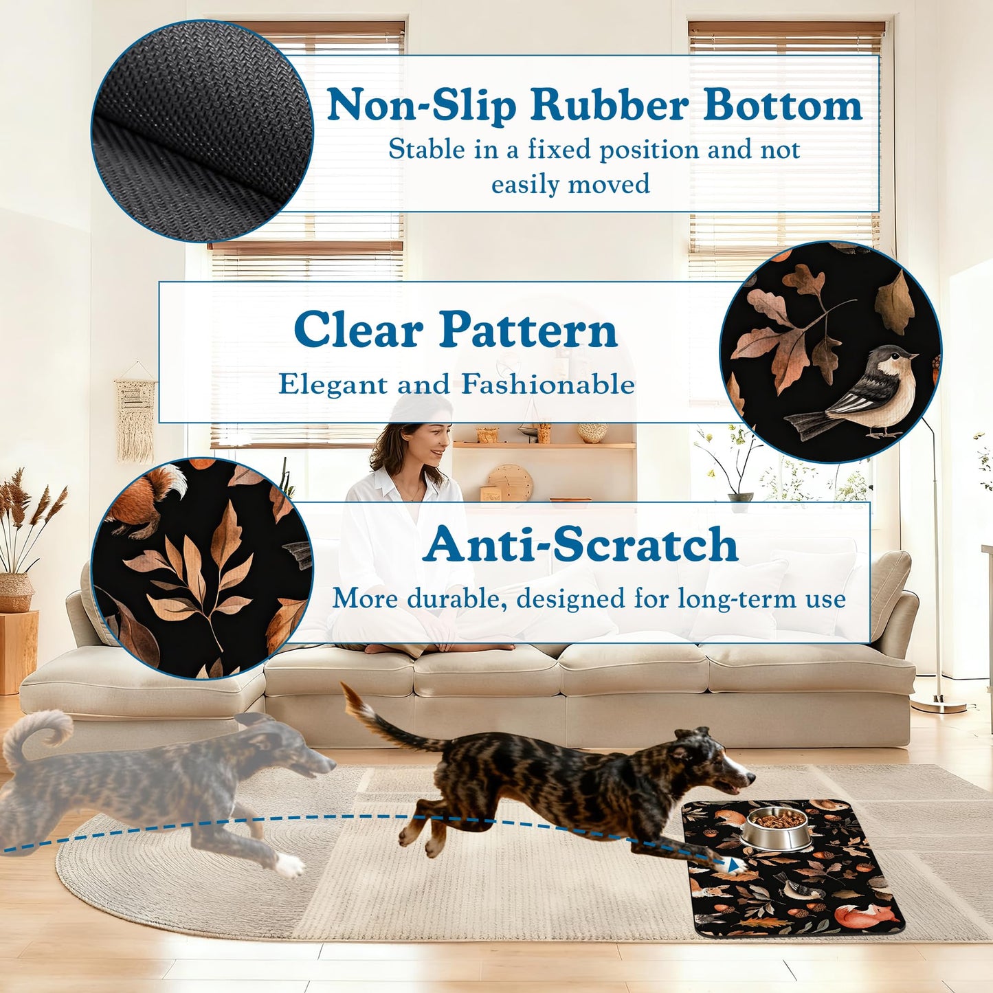 Wild Forest Animals Pet Feeding Mat–Quick Dry Absorbent Dog Cat Food Mat, Non Slip Waterproof Bowl Placemat for Messy Eaters, Pet Accessories for Floors 12"x20"