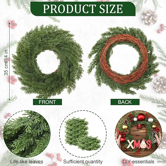 Zeyune Christmas DIY Green Wreath 14 Inch Artificial Christmas Wreaths Faux Plain Wreaths for Decorating Front Door Window Room Farmhouse Xmas Party Indoor Outdoor(Cypress Style,4 Pcs)