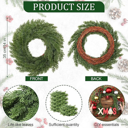 Zeyune Christmas DIY Green Wreath 14 Inch Artificial Christmas Wreaths Faux Plain Wreaths for Decorating Front Door Window Room Farmhouse Xmas Party Indoor Outdoor(Cypress Style,4 Pcs)