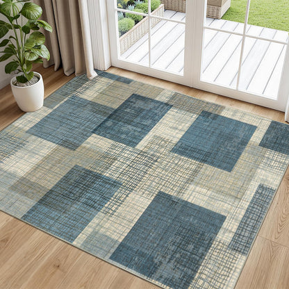 Ailyei Area Rugs 3x5 Kitchen Rugs Entry Rug for Inside House, Modern Geometric Entryway Rug Non Slip Stain & Fade Resistant, Grid Print Patchwork Area Rug for Entrance Bedroom Decor, Blue