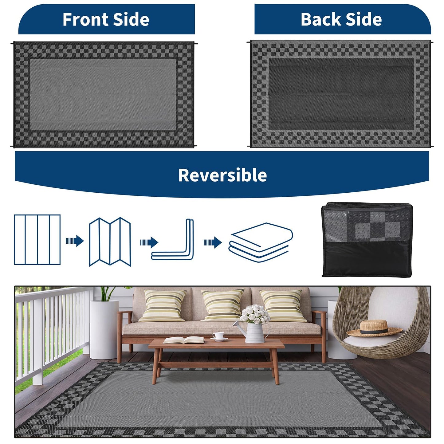 Garvee Outdoor Waterproof Rug 9x18 Large Modern Neutral Outdoor Patio Rugs, Reversible Fade-Proof & Weather Resistant Large Area Rug Mats for Rv Deck Porch Picnic Beach Balcony,Gray & Black