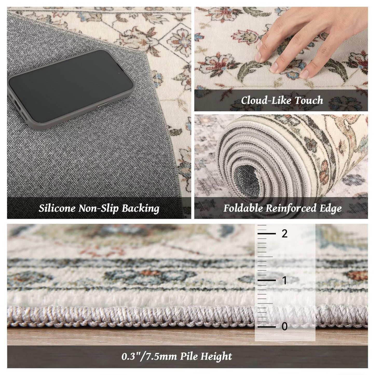 Washable 2x3 Entryway Rug, Boho Vintage Non-Slip Door Mat, Beige