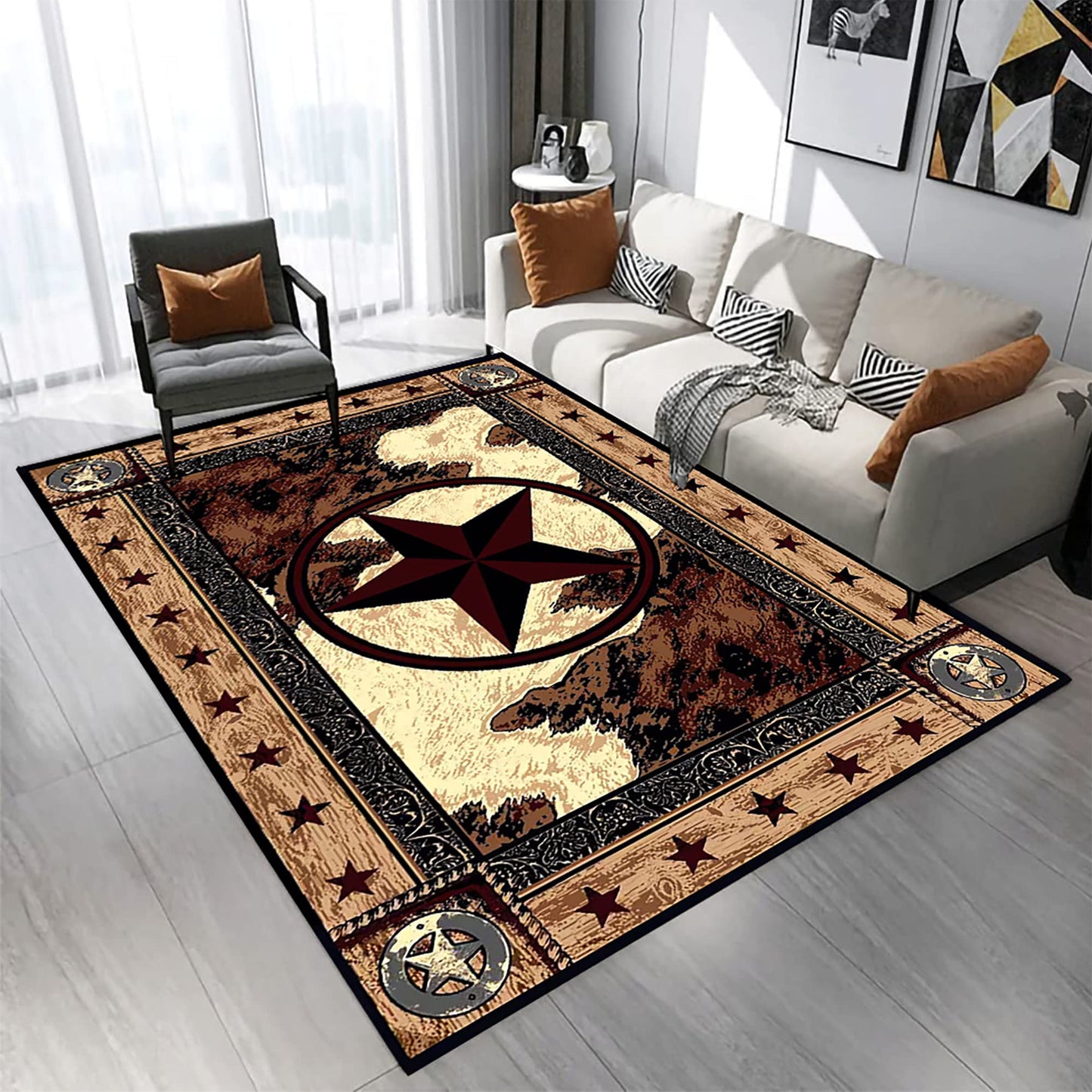 Brown Rustic Western Texas Star Modern Area Rug Primitive Carpet Farmhouse Rug Cowhide Runner Rug Non-Slipping Doormat for Hallway Kitchen Living Room Bedroom Laundry Room Entryway 5' x 7'