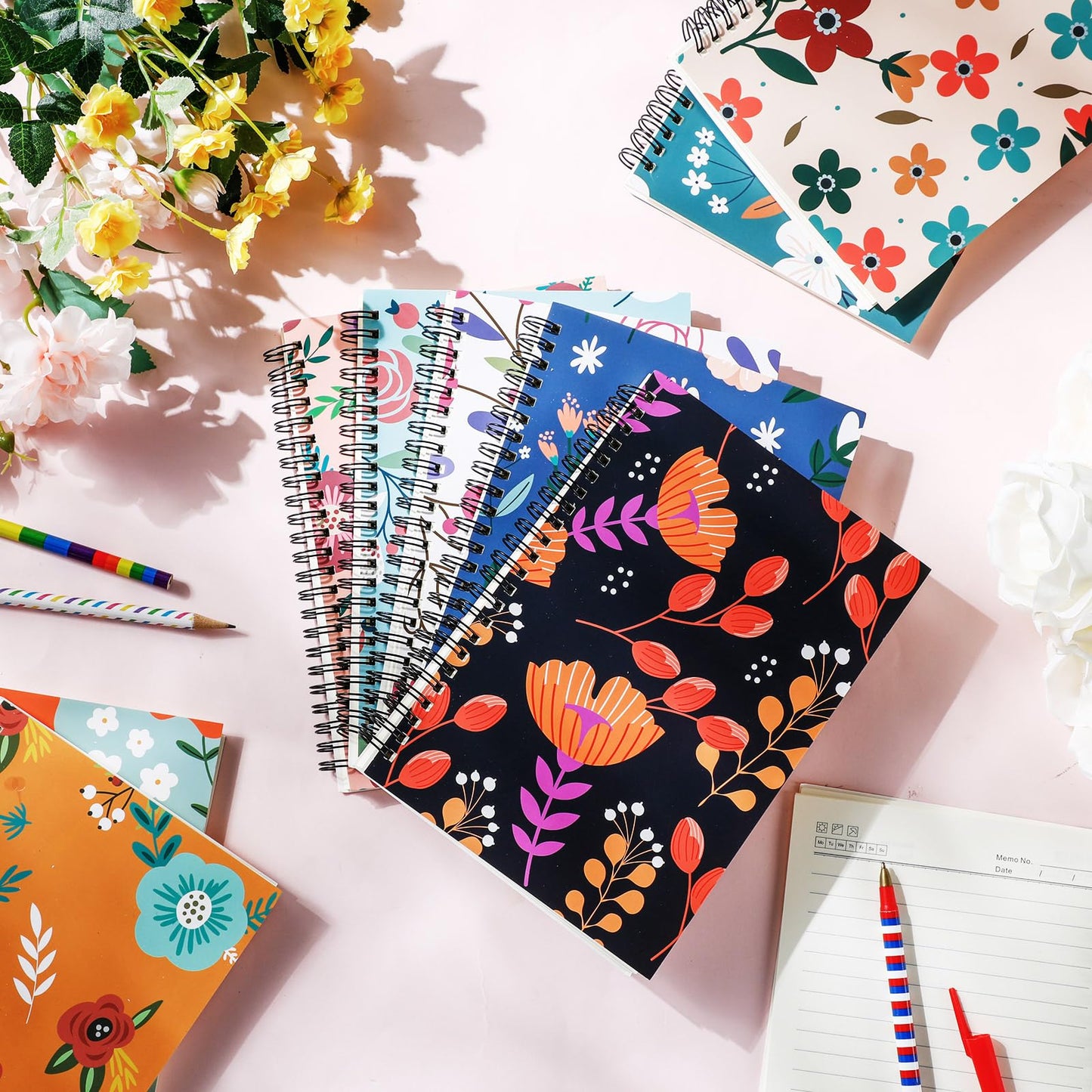 Kosiz 20 Pcs Cute Floral Spiral Notebooks A5 Lined Aesthetic Journal for Women 8.3 x 5.9 in Flower 8mm College Ruled Twin-wire Binding Hardcover Notebook Christmas Gifts Office Supplies 160 Pages