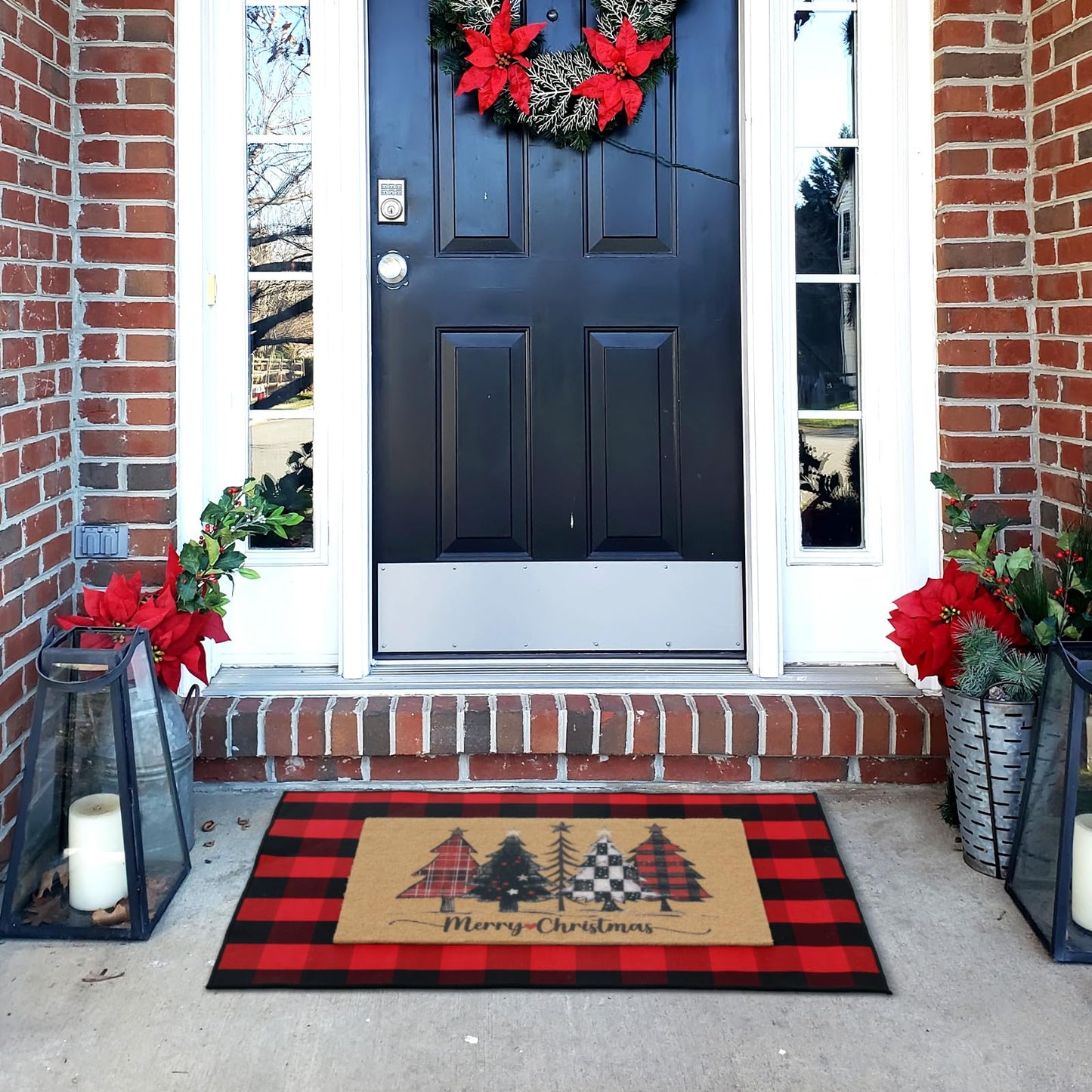WinnerWhy 2 Pcs Christmas Front Porch Rug Buffalo Plaid Christmas Front Door Mats Imitation Coco Coir Xmas Welcome Layering Rugs for Outdoor Home Winter Festival Holiday Farmhouse Decor, 28 x 43 Inch